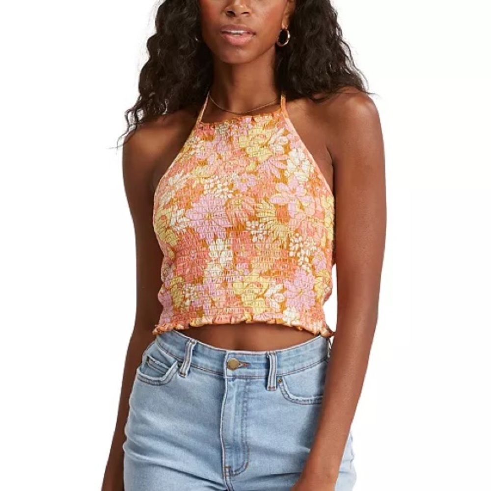 Billabong Feels Like Summer Floral Printed Smocked Cotton Halter Top Size M NWT